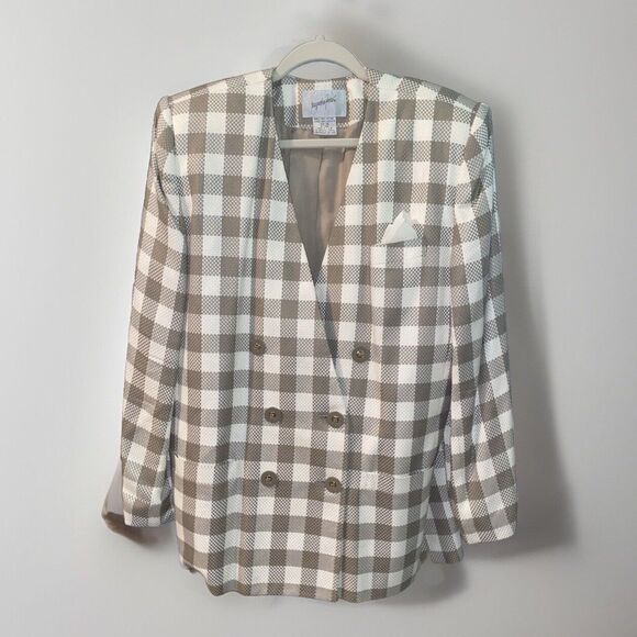 Vintage Jaqueline Ferrar Blazer Womens Size 16 Taupe White Double Breast Checker - Picture 1 of 12